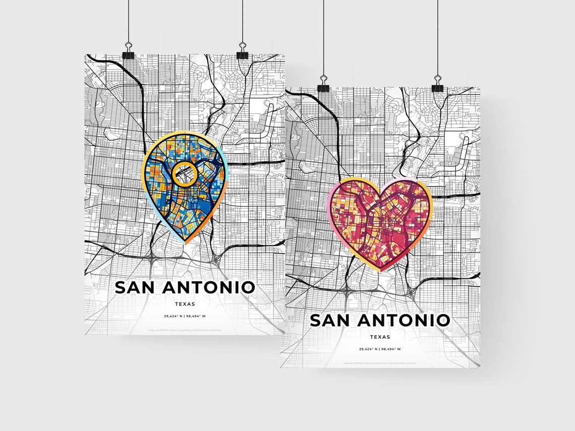 San Antonio Texas Minimal Map Art With Colorful Heart Icon Poster - Image 2