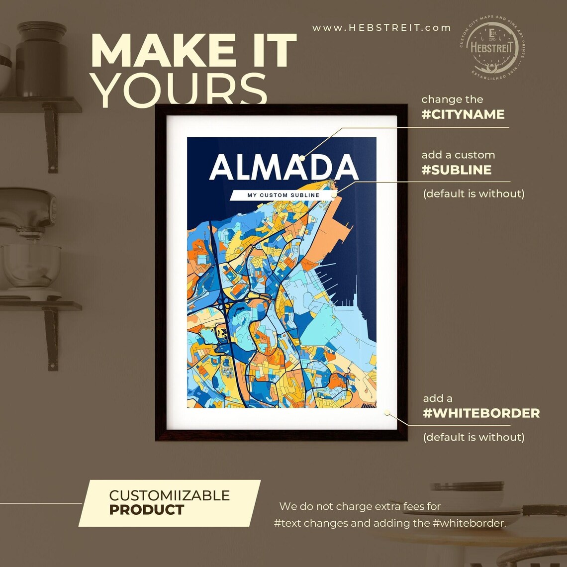 Almada Portugal Blue Orange Coastal City Map Art Poster for Walls - Image 2