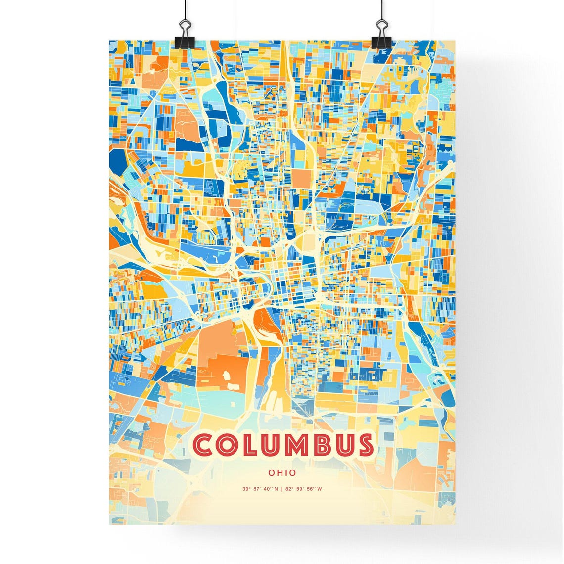 Columbus Ohio City Map Art Poster in Bold Blue and Orange Style - Image 3