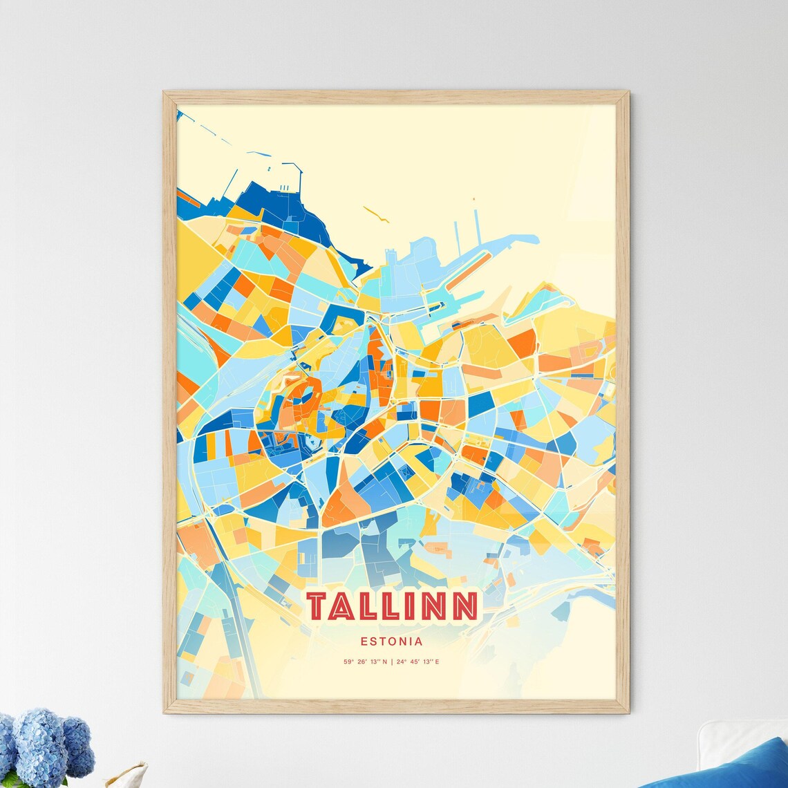 Tallinn Estonia Coastal Modern Colorful City Map Blue Orange Poster