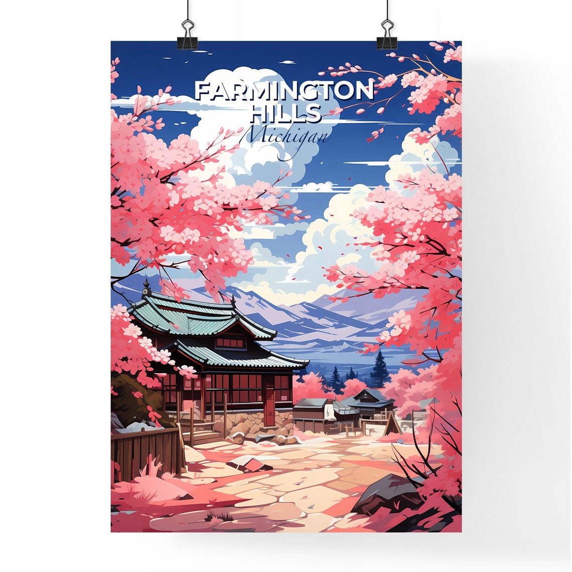 Farmington Hills Michigan A Painting Of A Japanese House With Pink Flowers Customisable Travel Art Print A Memorable Gift - Image 4