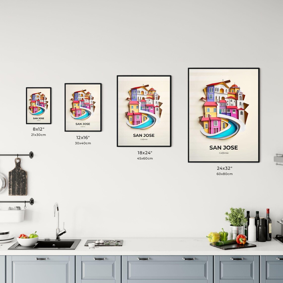 San Jose California Colorful Papercut Town River Scene Poster - Image 3