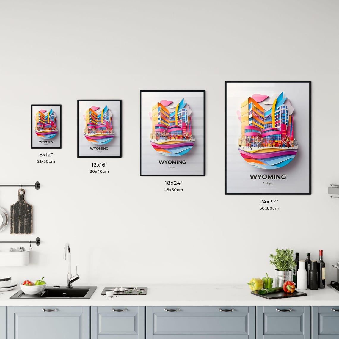 Wyoming Michigan Colorful Modern Paper Cut Skyline Art Poster - Image 3
