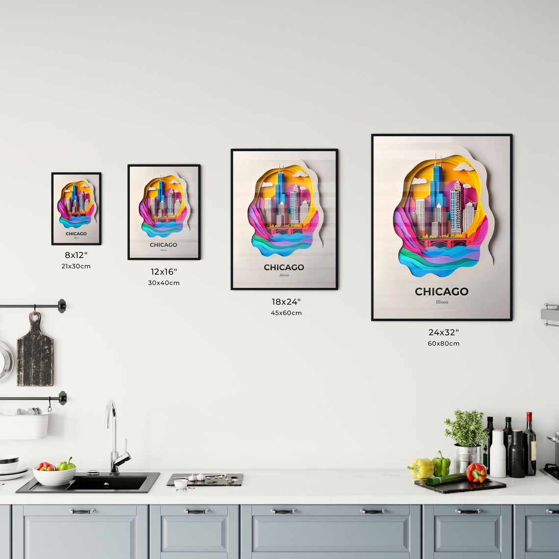 Chicago Illinois Skyline Bridge Paper Cut City Travel Poster - Image 3