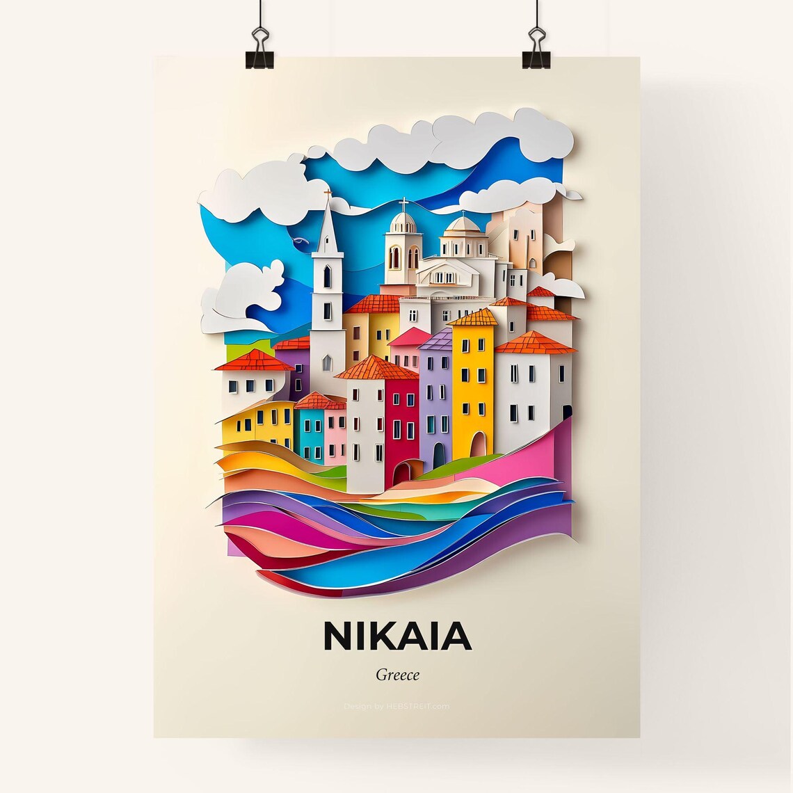 Nikaia Greece Colorful Paper Cut Coastal Old Town Travel Poster - Image 4