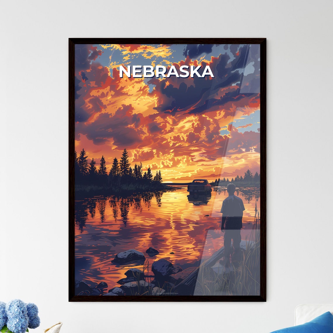 Nebraska Lake Sunset Pickup Truck Shoreline Dramatic Sky Poster