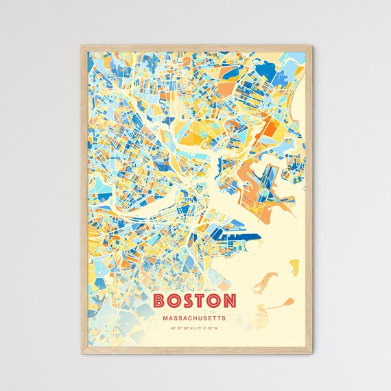 Boston Massachusetts Bold Colorful Blue Orange Fine Art City Map Poster