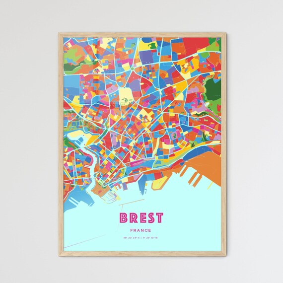 Brest France Rainbow Colored City Street Map Wall Decor Poster