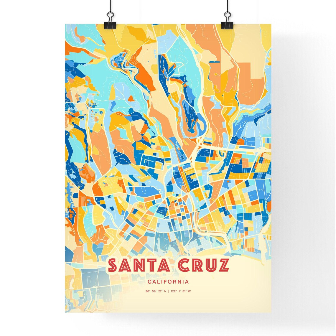 Santa Cruz California Blue Orange City Map Art Home Decor Poster