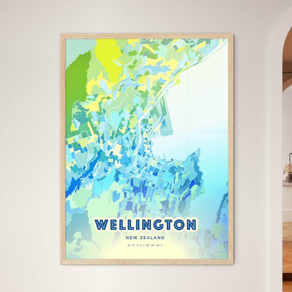 Wellington New Zealand Pastel Blue City Map Art with Coordinates Poster