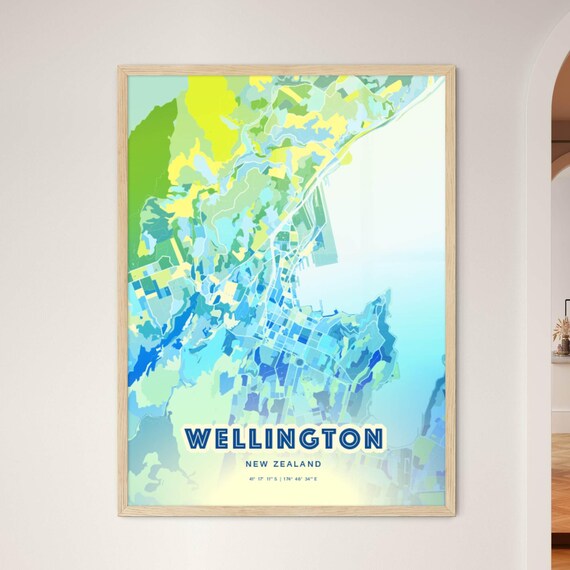 Wellington New Zealand Pastel Blue City Map Art with Coordinates Poster