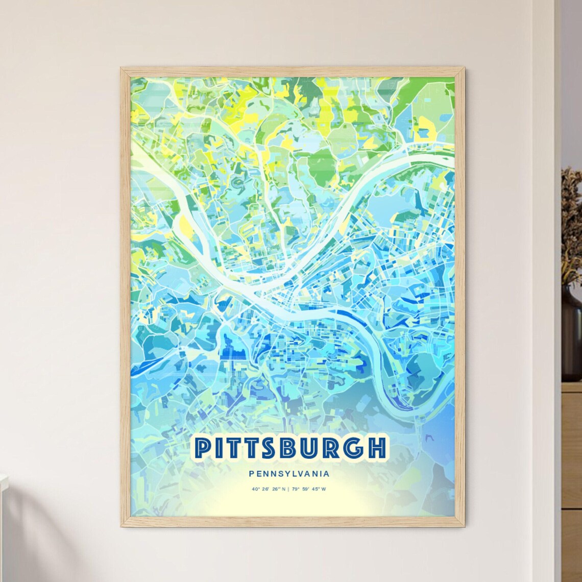 Pittsburgh Pennsylvania Aqua Blue Watercolor City Street Map Art Poster