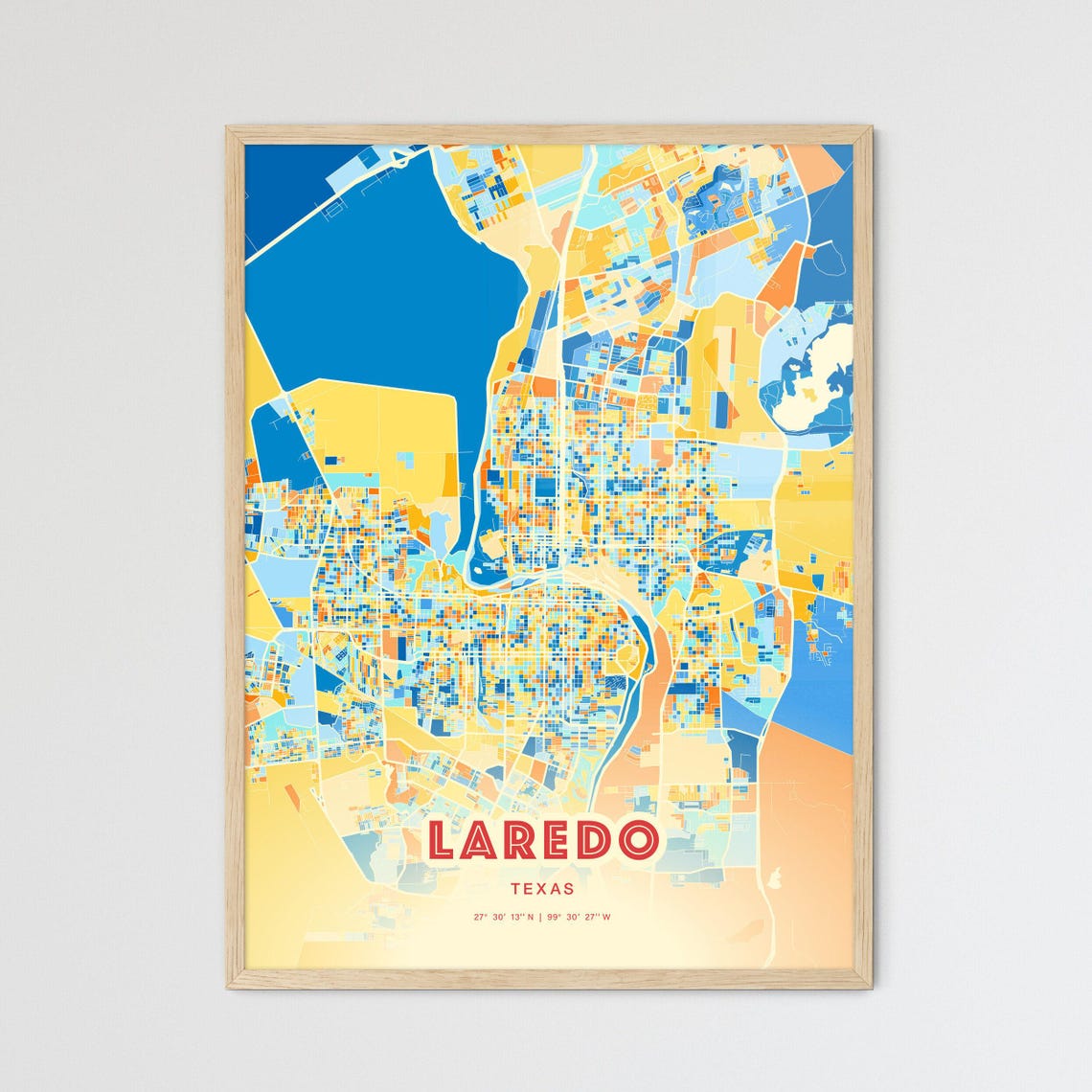 Laredo Texas Bold Vibrant Blue Orange Mosaic City Map Poster