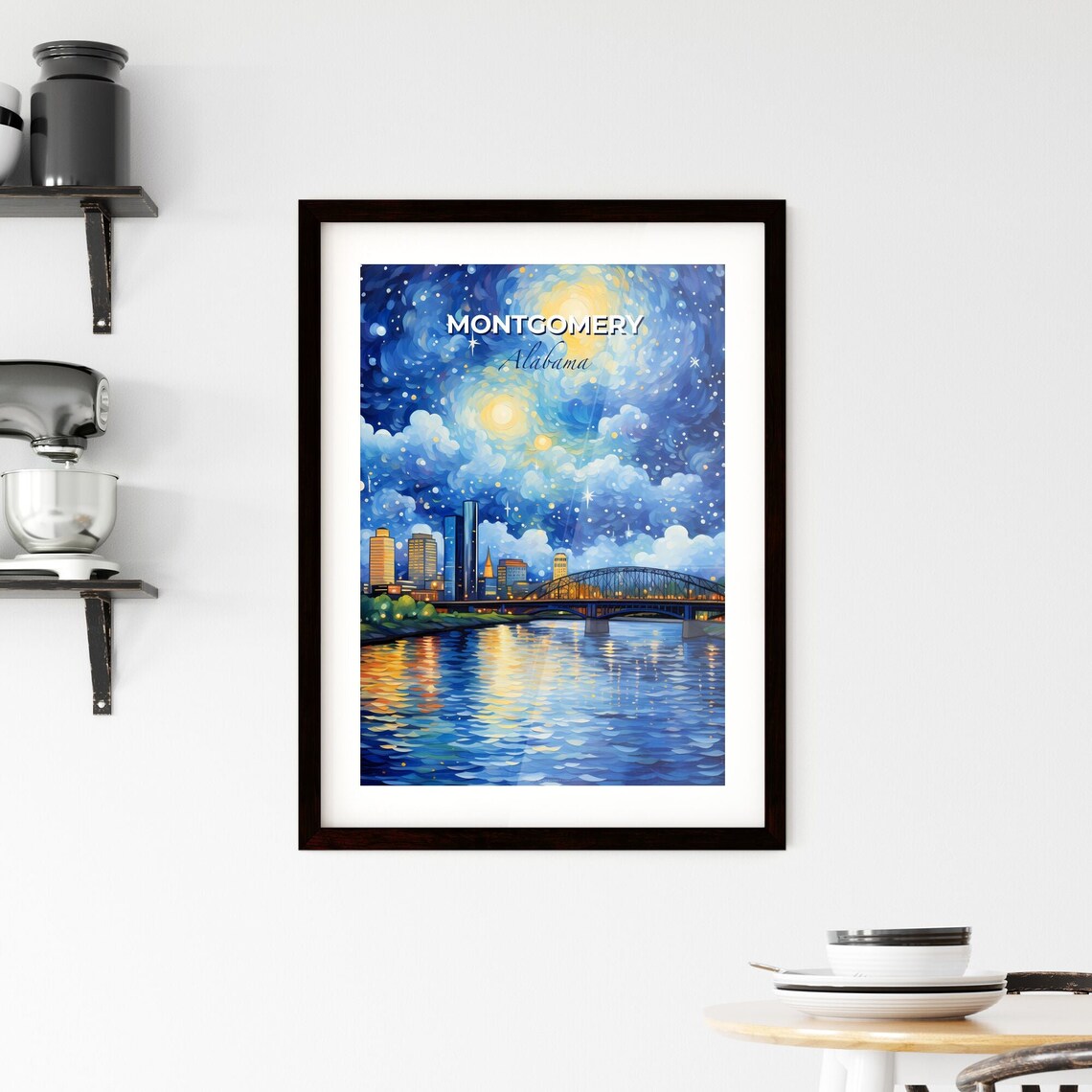 Montgomery Alabama Starry Night River Bridge Skyline Travel Poster - Image 2