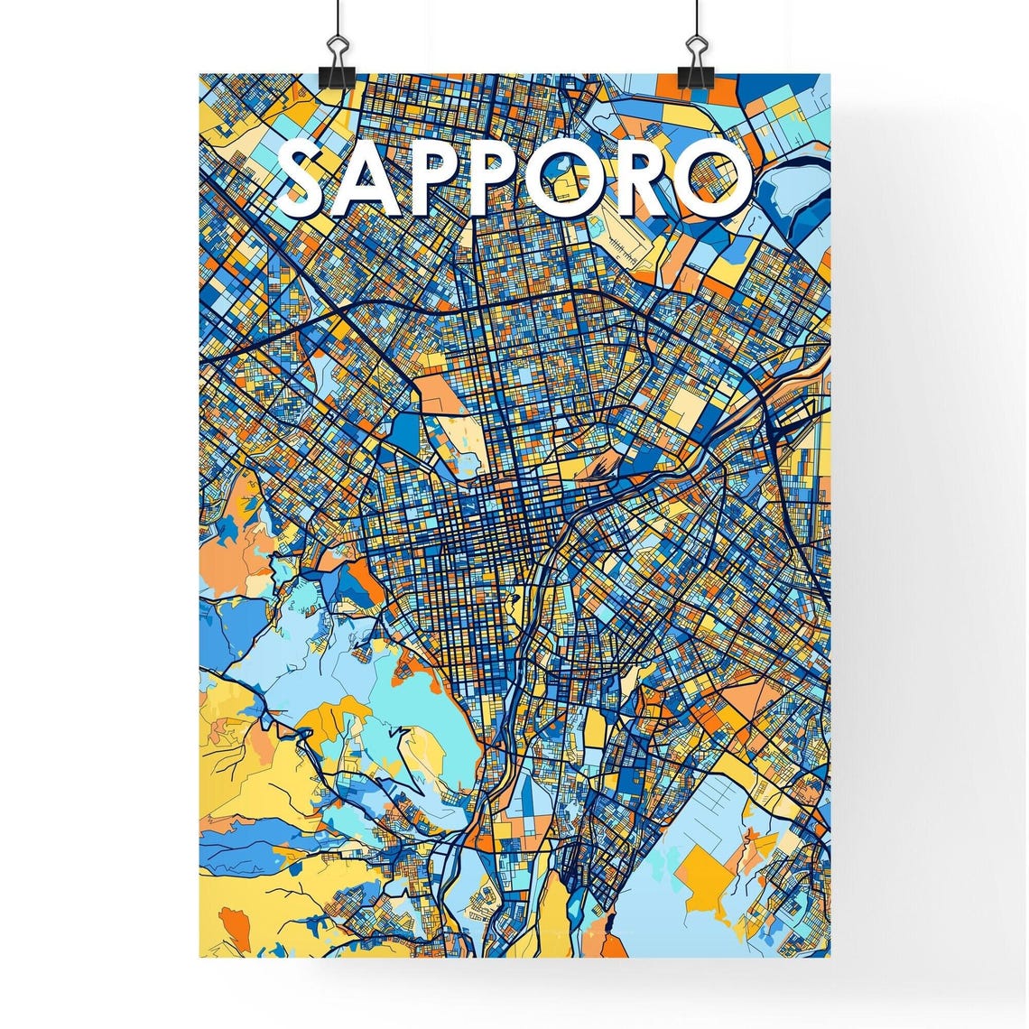 Sapporo Japan Stylish Vibrant Blue and Orange Mosaic City Map Poster - Image 4