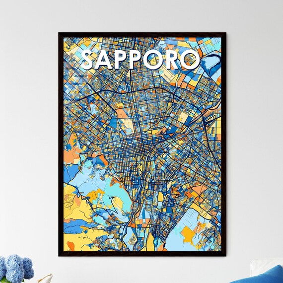 Sapporo Japan Stylish Vibrant Blue and Orange Mosaic City Map Poster