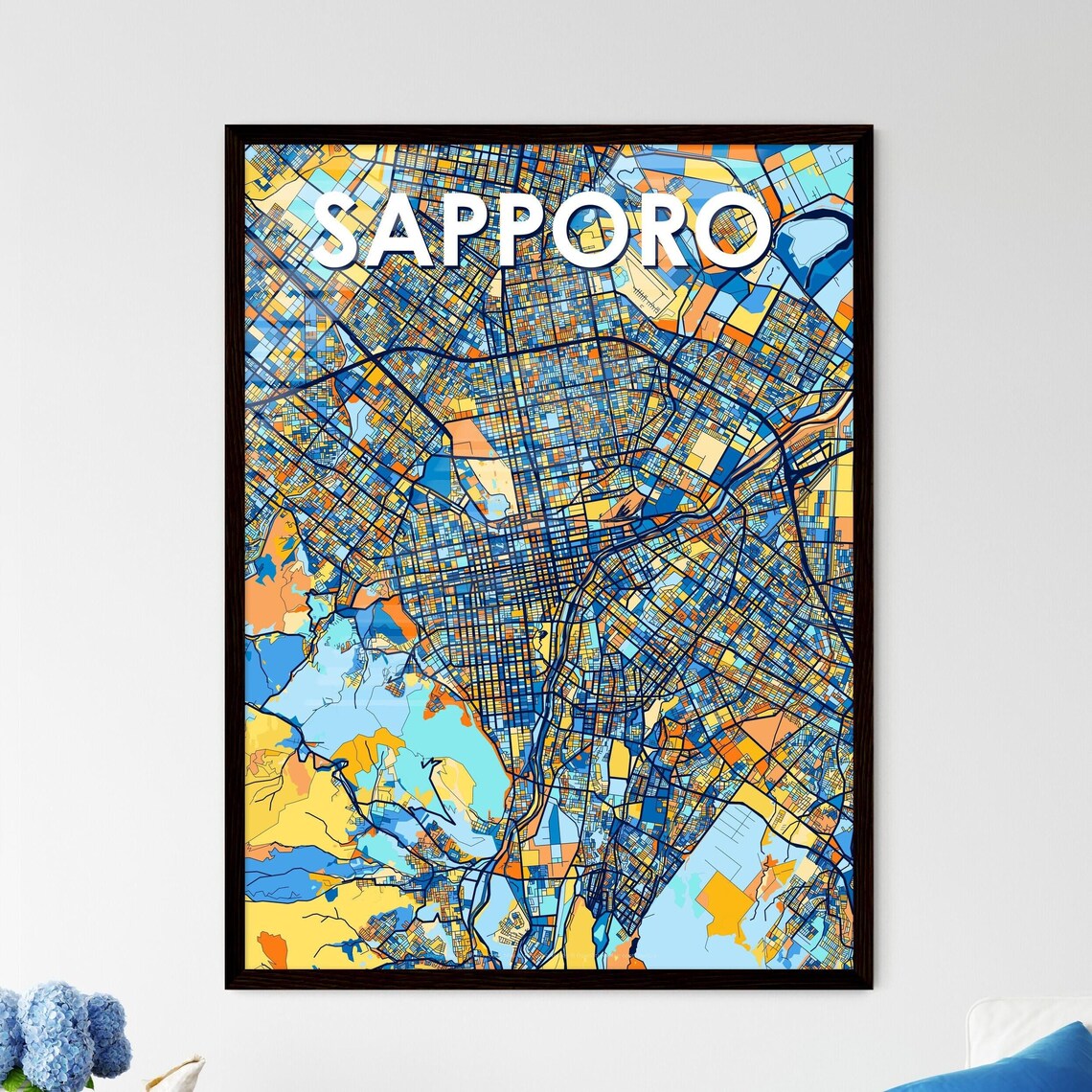 Sapporo Japan Stylish Vibrant Blue and Orange Mosaic City Map Poster