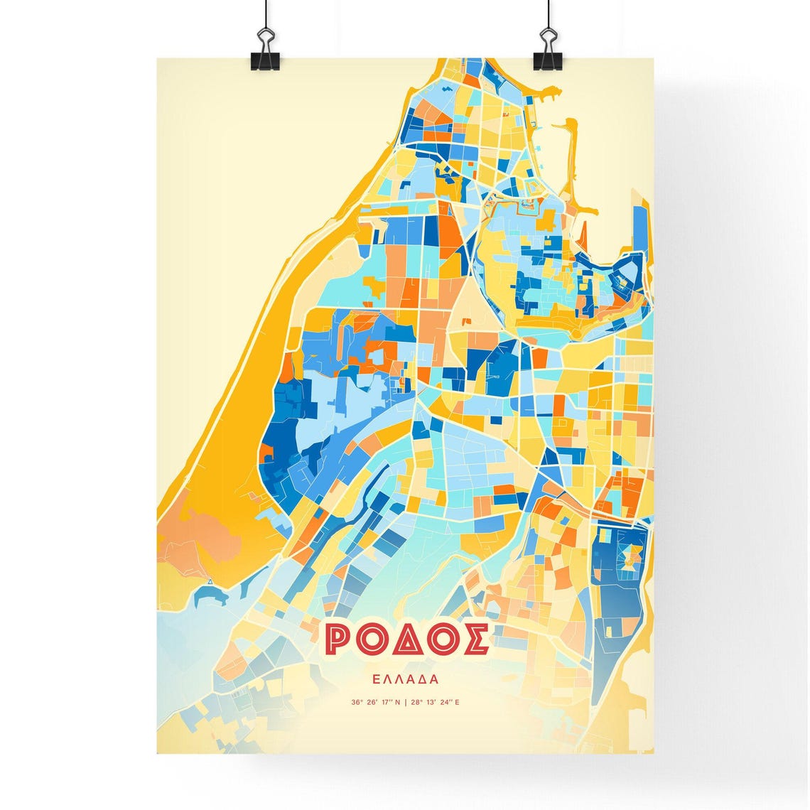 Rhodes Greece Island Modern Colorful City Map Blue Orange Poster - Image 3