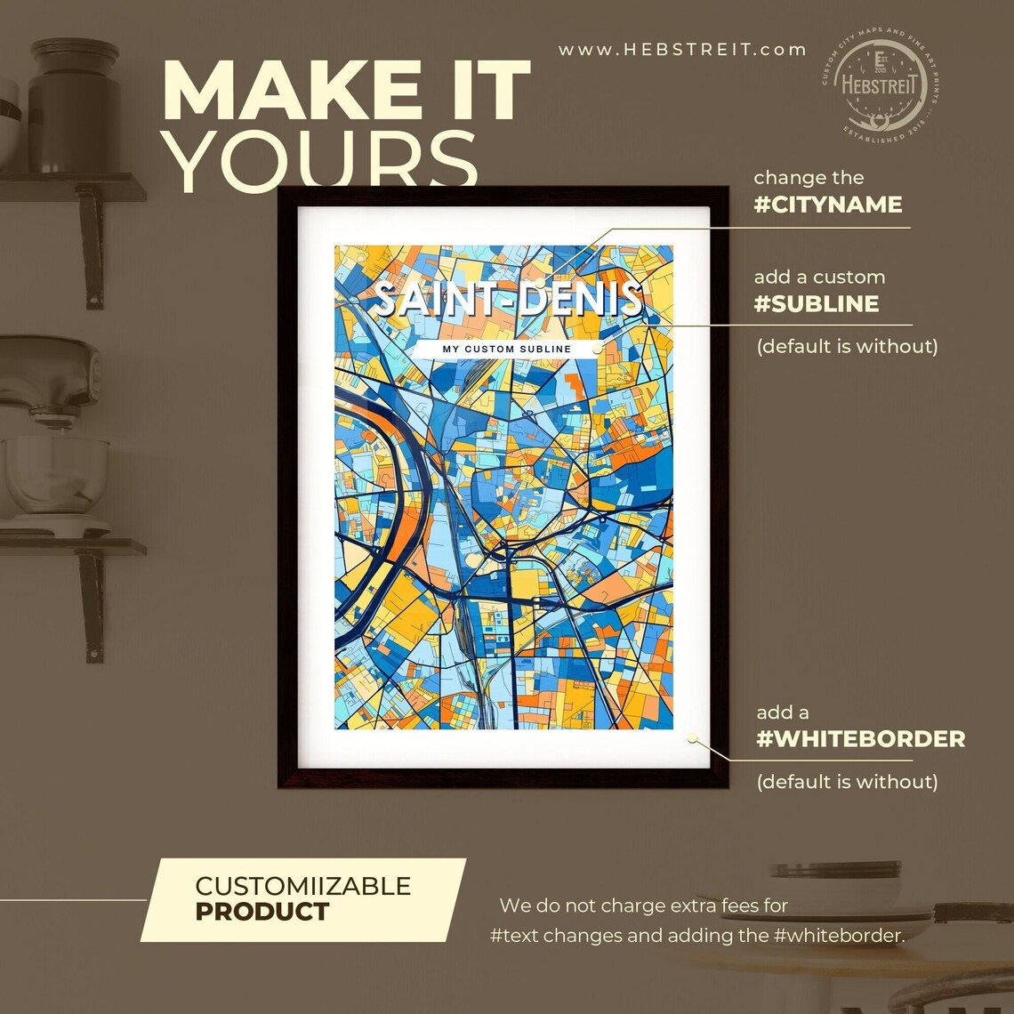 Saint-Denis France Bold Blue Orange City Street Map Art Poster - Image 2