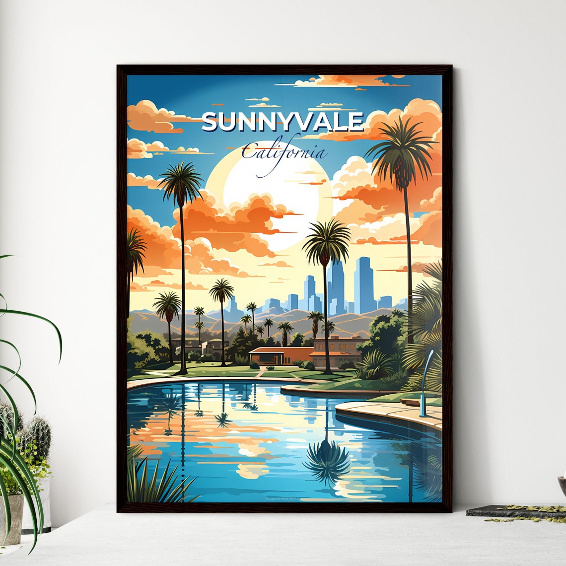 Sunnyvale California Pool Palm Trees Sunset Resort Skyline Poster