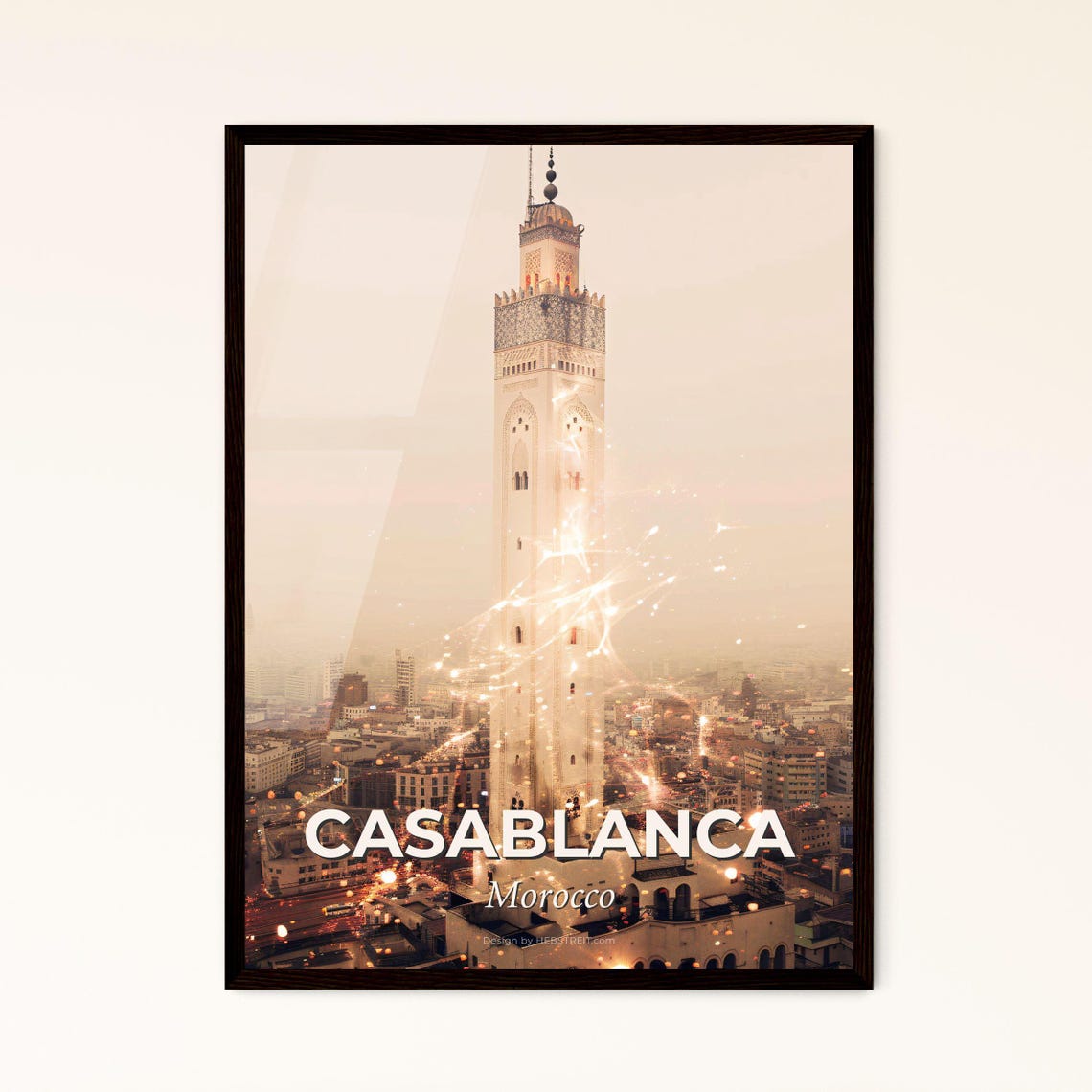 Casablanca Morocco Minaret Skyline Double Exposure Art Poster