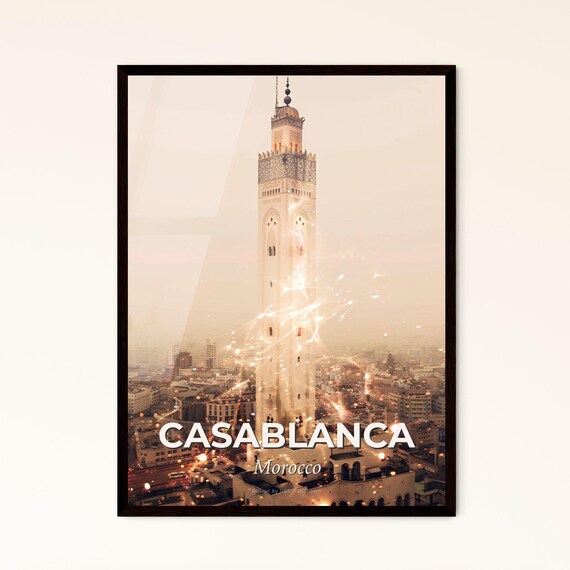 Casablanca Morocco Minaret Skyline Double Exposure Art Poster