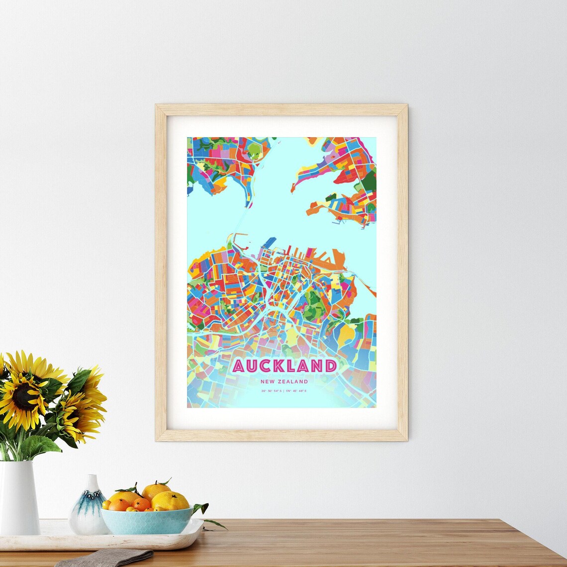 Auckland New Zealand Crazy Colorful Mosaic City Map Art Poster - Image 2