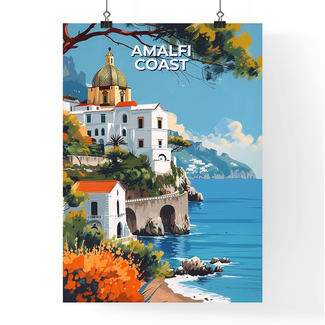 Amalfi Coast Golden Domed Church Cliffside Sea View Travel Poster - Image 4