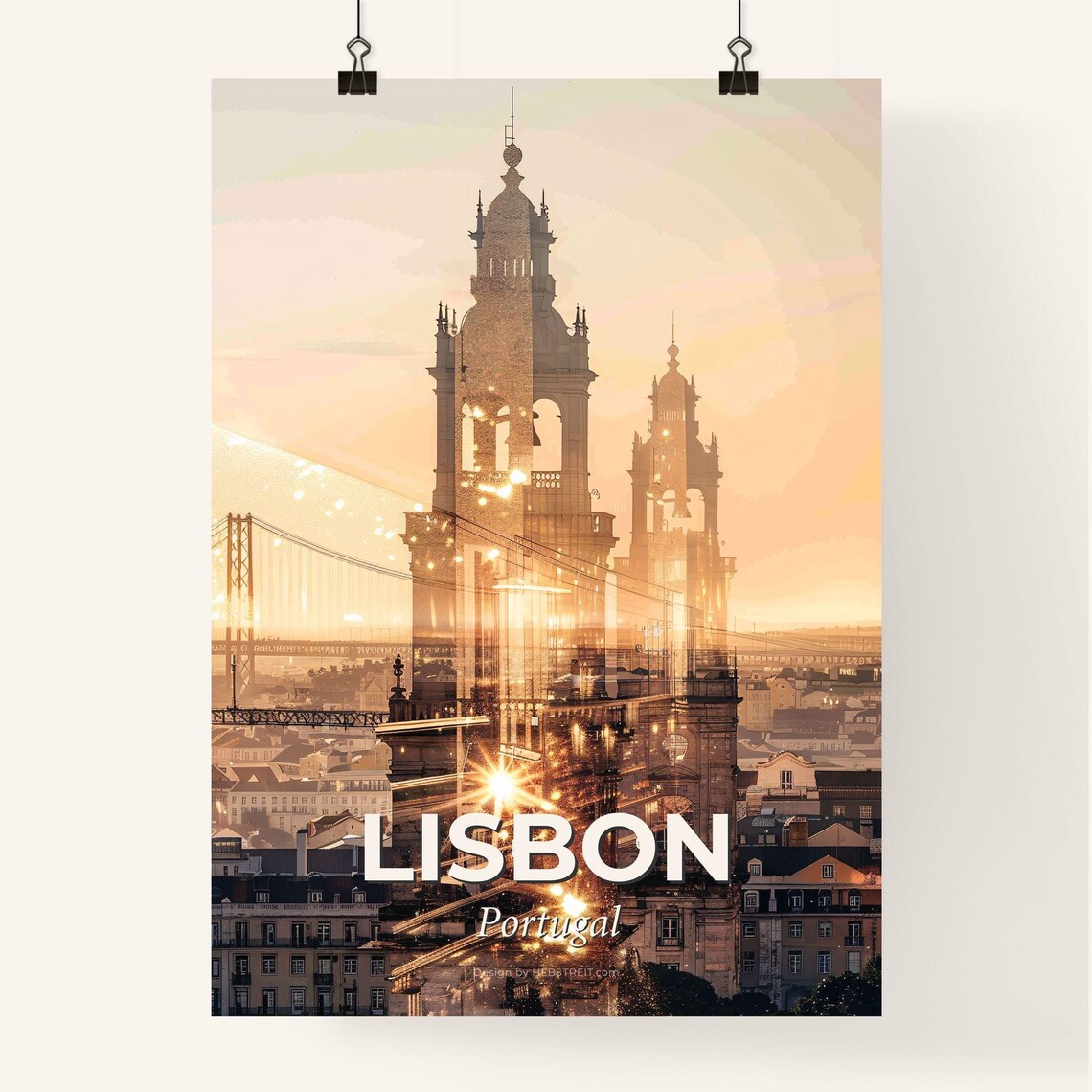 Lisbon Portugal River Bridge Cathedral Golden Skyline Poster - Image 4
