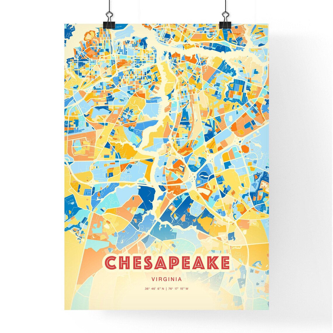 Chesapeake Virginia Colorful Blue Orange Fine Art City Map Poster - Image 3