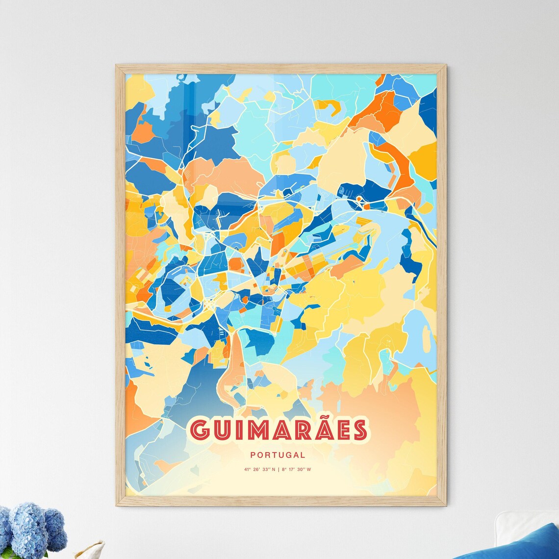 Guimaraes Portugal Blue Orange Modern City Map Art Poster for Home