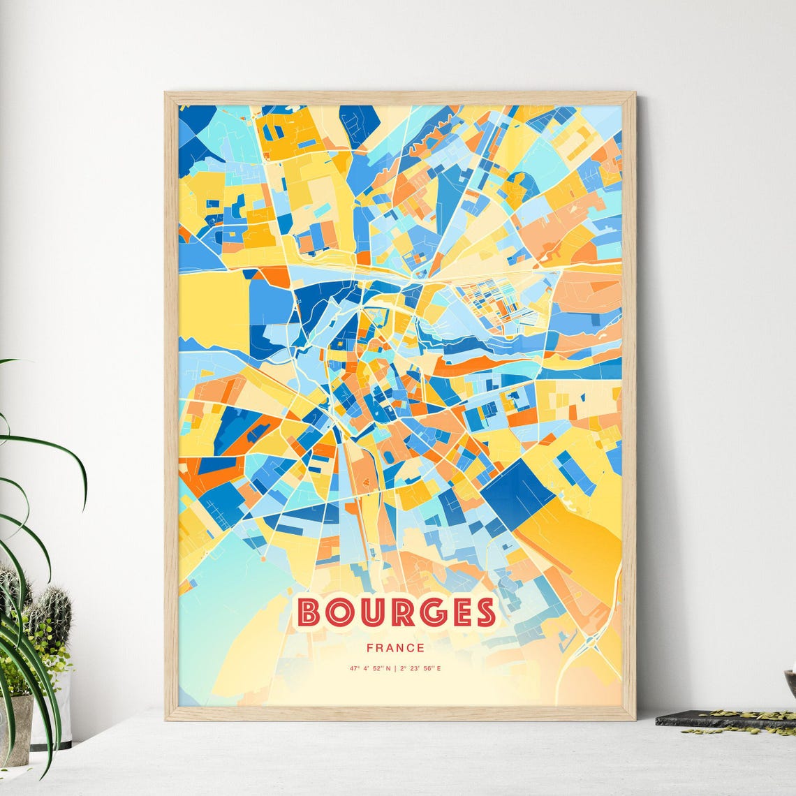 Bourges France Modern Geometric Blue Orange City Map Art Poster