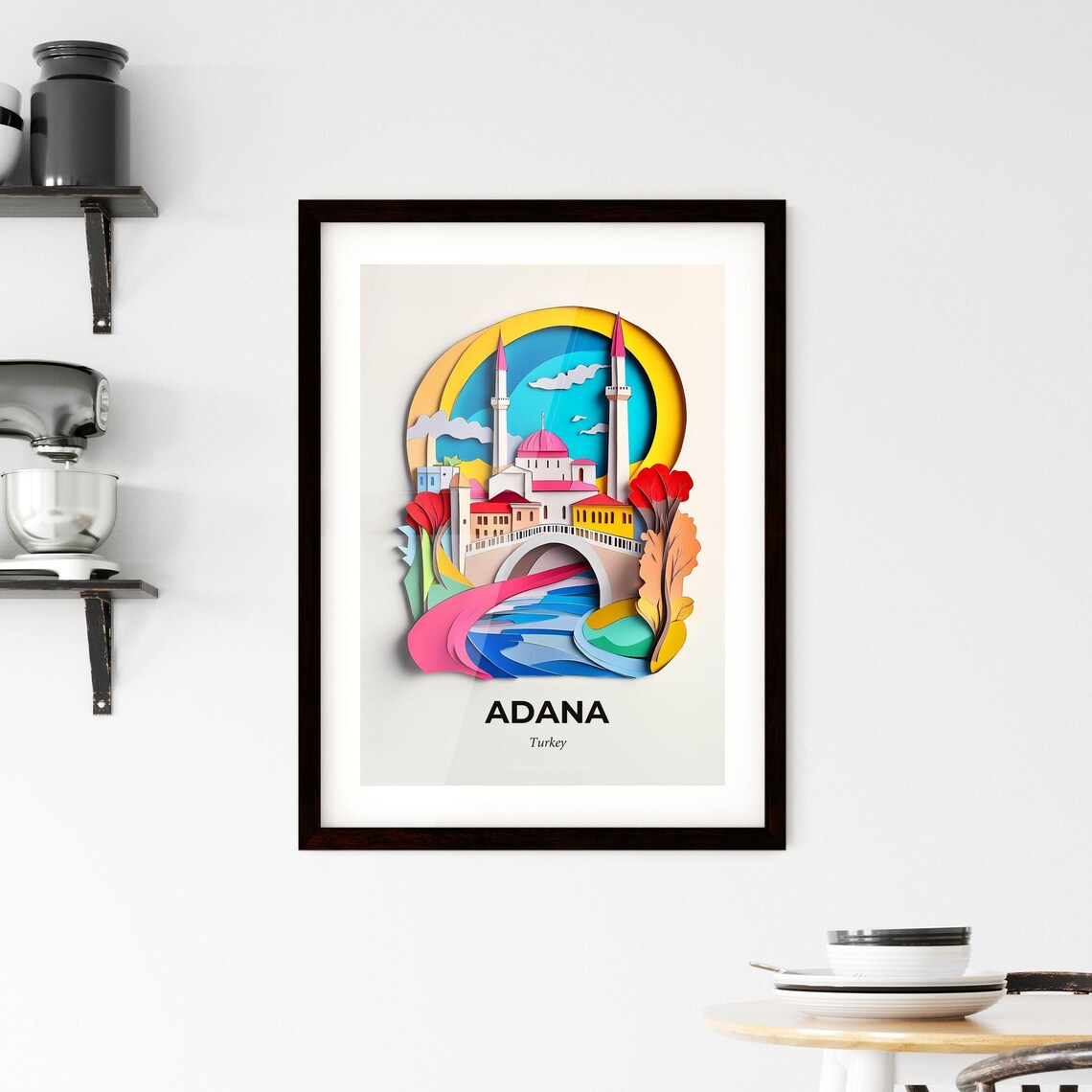 Adana Turkey Mosque River Bridge Paper Cut City Travel Poster - Image 2