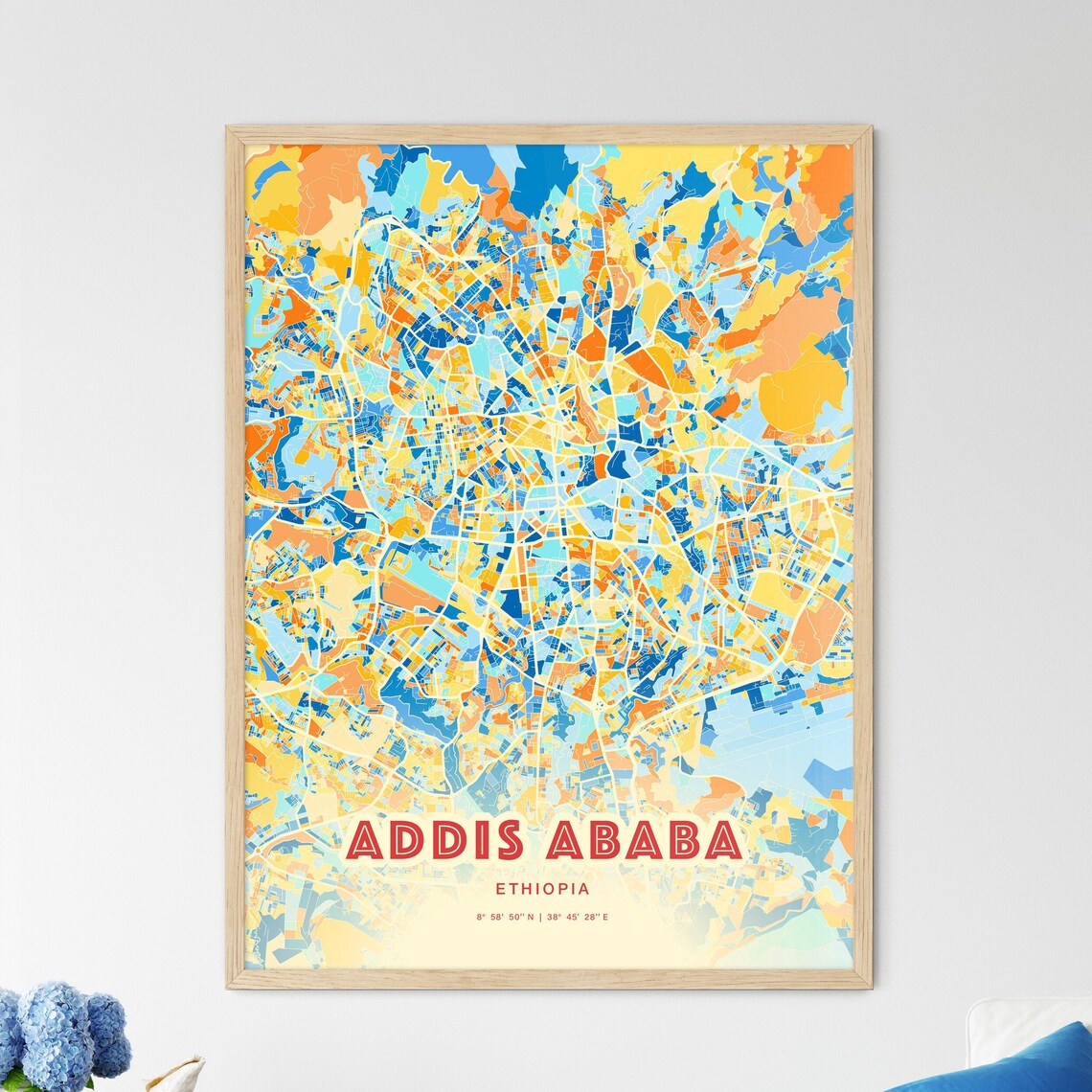Addis Ababa Ethiopia Colorful Blue Orange City Map Art Poster with Coordinates