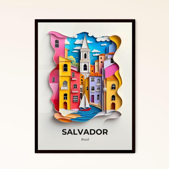 Vivid Salvador Brazil A Paper Cut Print Of A City With A Sailboat Fine Art Print Customizable