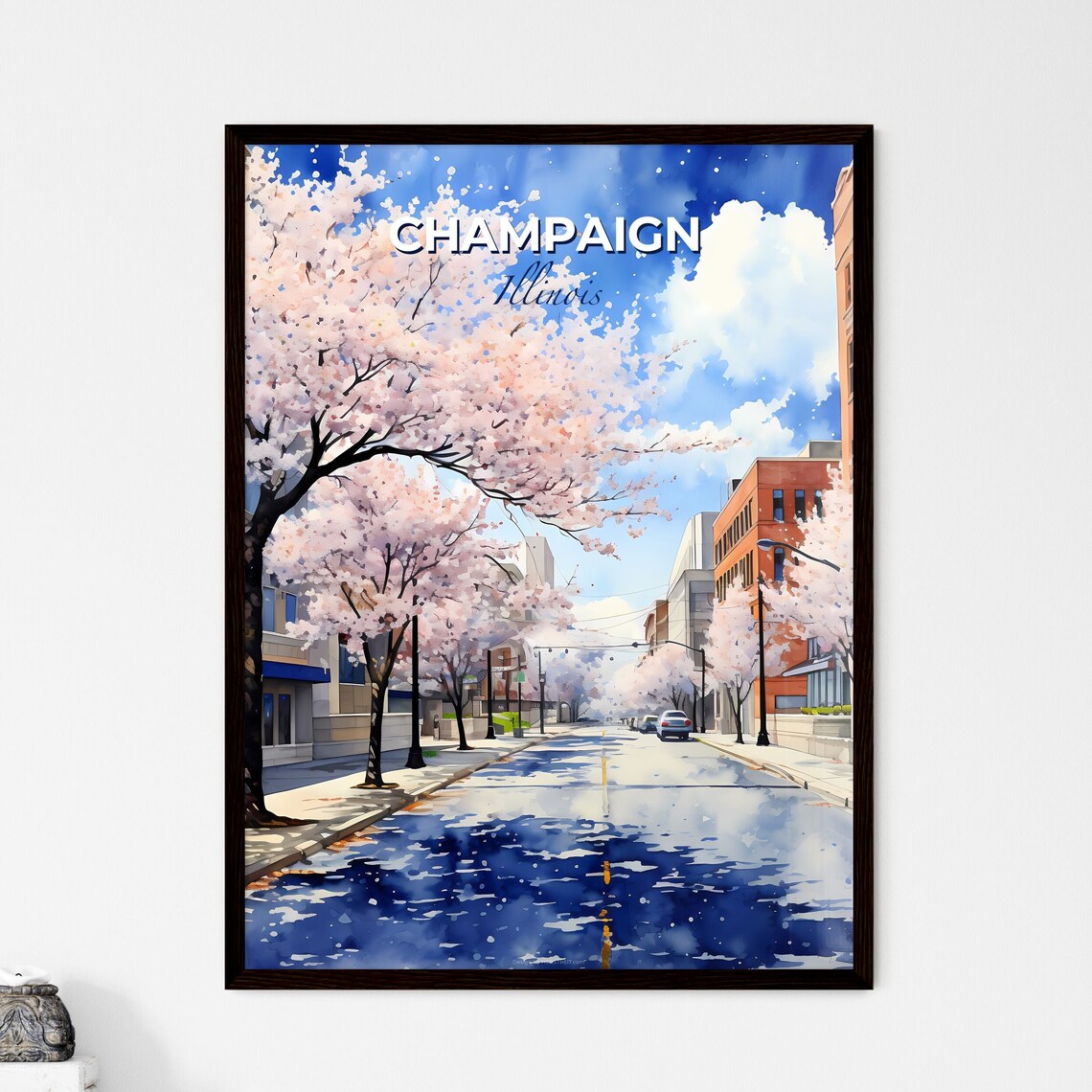 Champaign Illinois Cherry Blossom City Street Spring Travel Poster