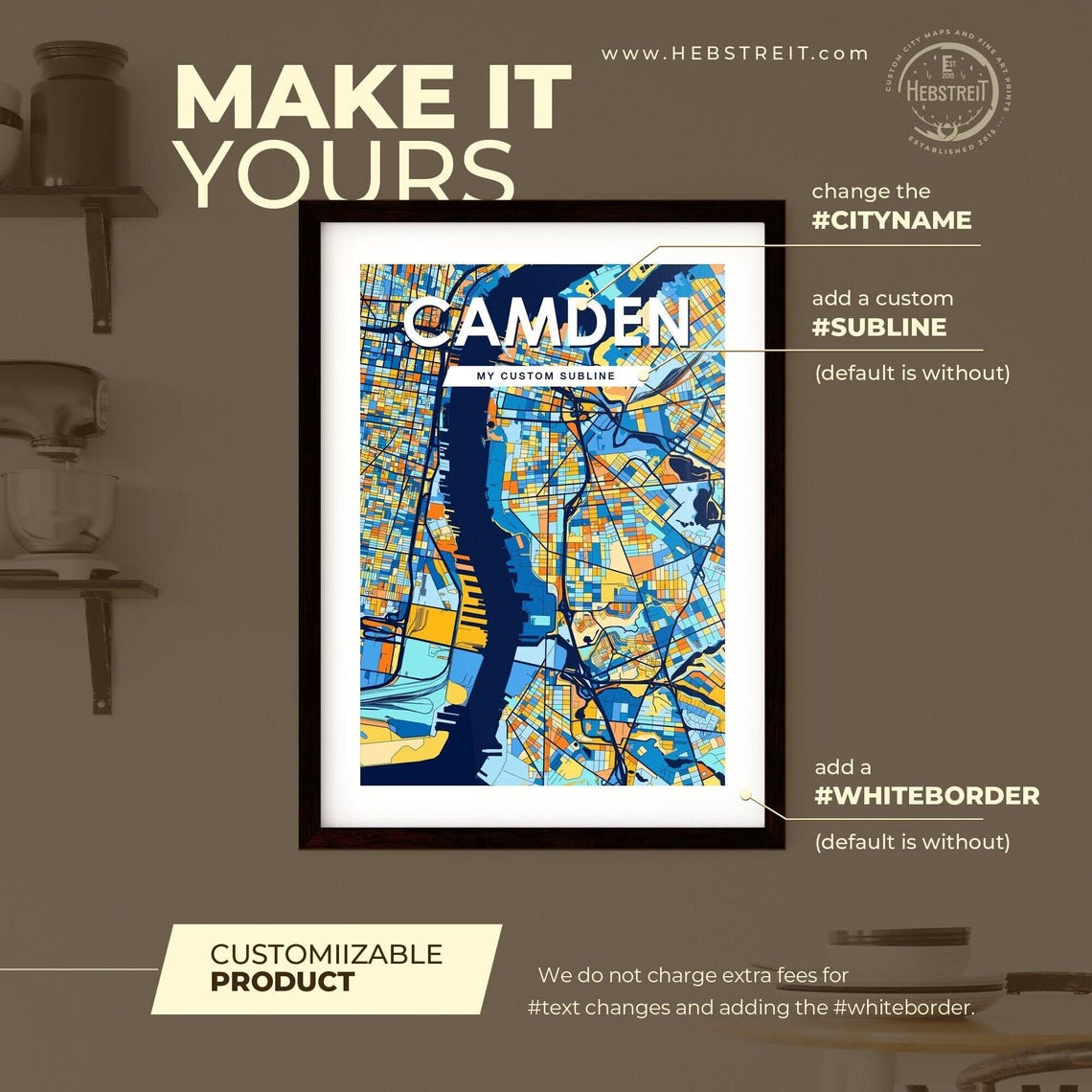 Camden New Jersey Colorful Blue and Orange City Map Art Poster - Image 2