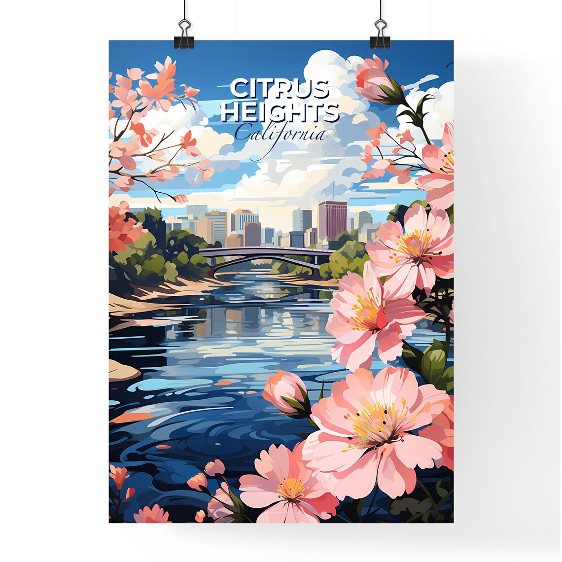Citrus Heights California River Bridge Blossom Skyline Travel Poster - Image 4
