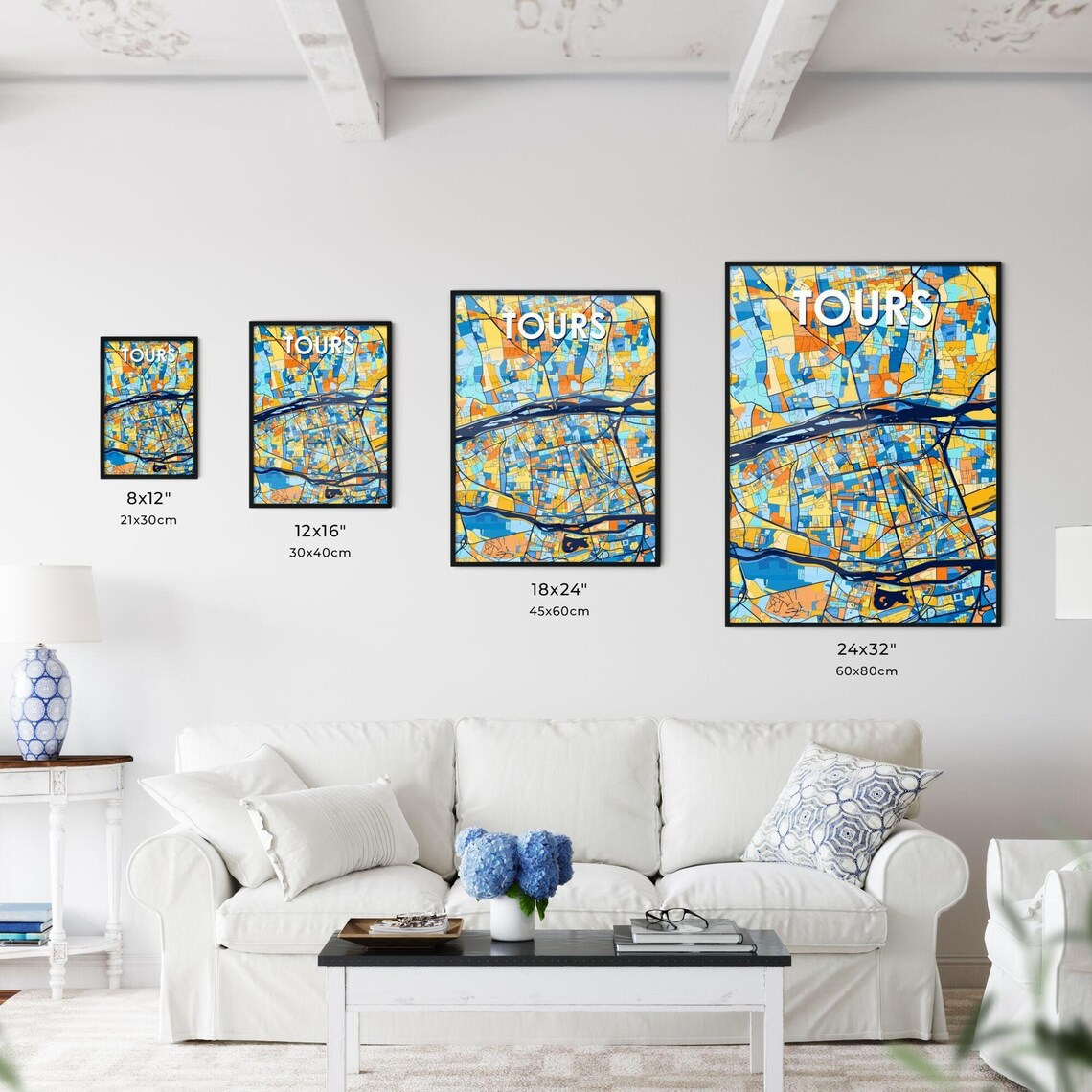 Tours France Colorful Geometric City Map Art Poster in Blue and Orange - Image 3