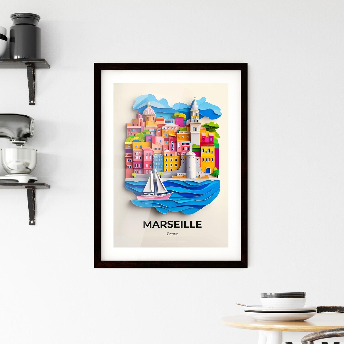 Marseille France Colorful Paper Cut Harbor Sailboat Travel Poster - Image 2