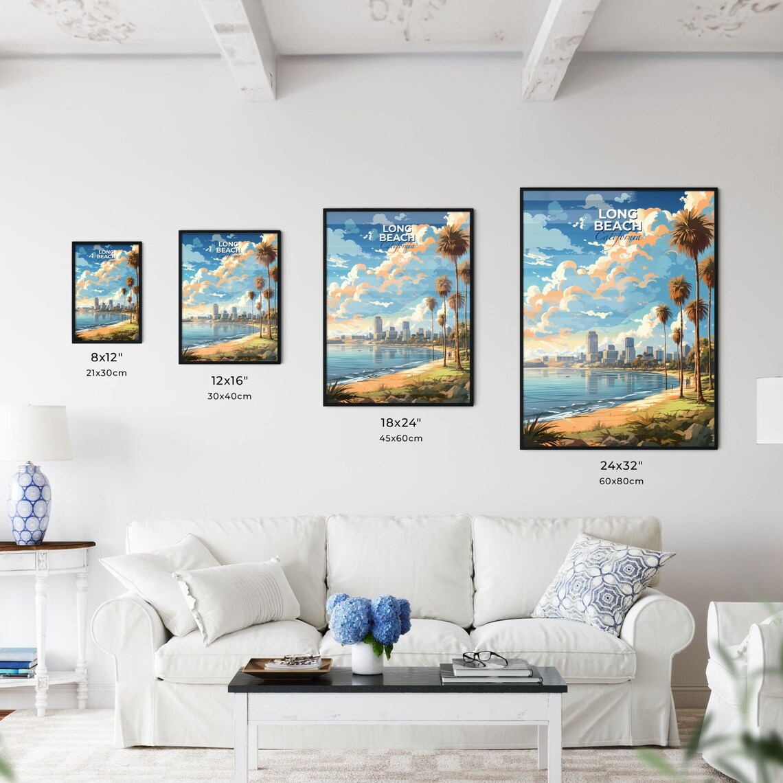 Long Beach California Travel Poster Palm Trees Beach City Skyline Art - Image 3