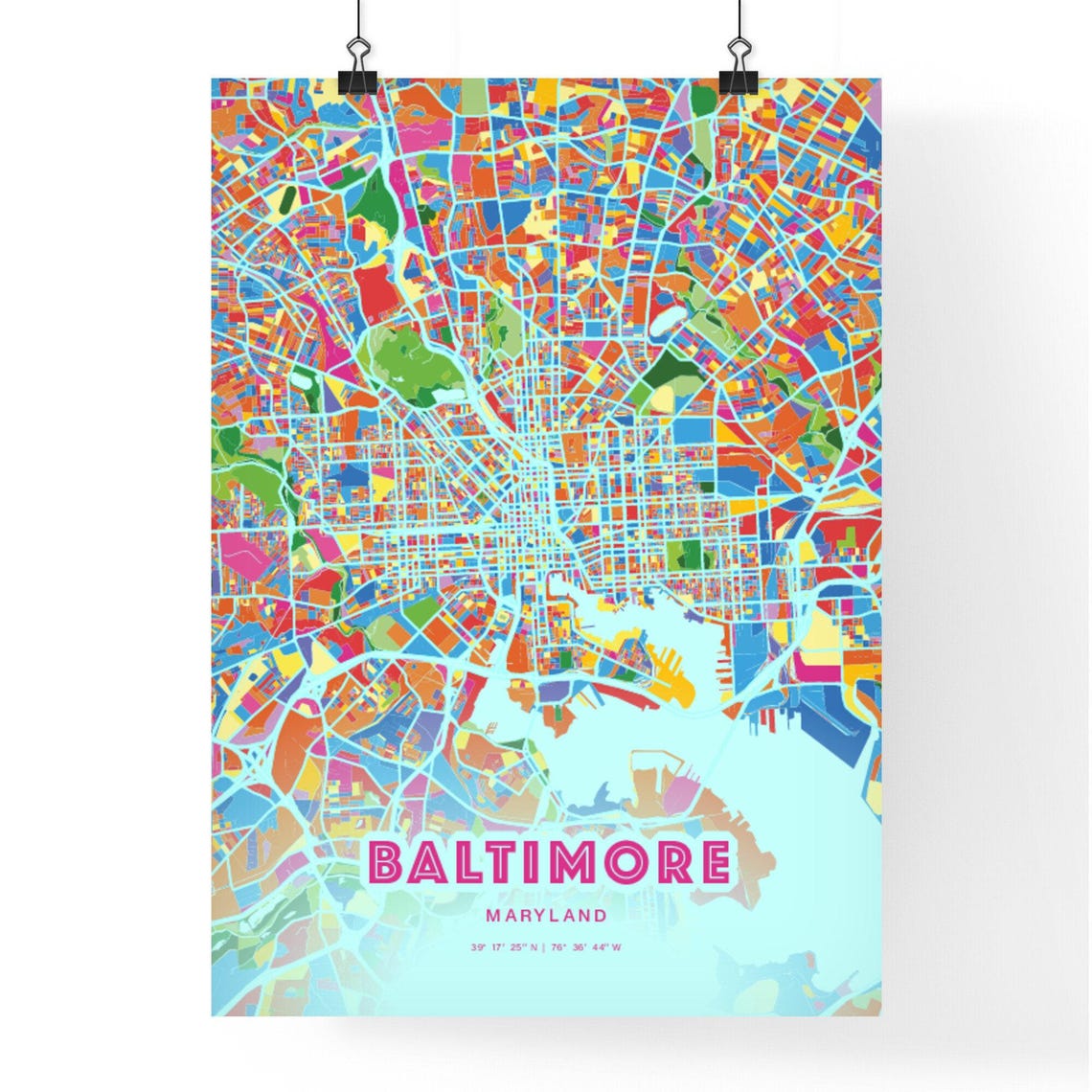 Baltimore Maryland Crazy Colorful Mosaic City Map Art Poster - Image 3