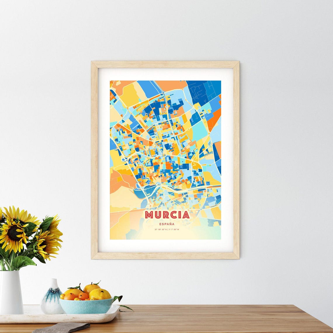 Murcia Spain Colorful Blue Orange City Map Art Poster with Coordinates - Image 2