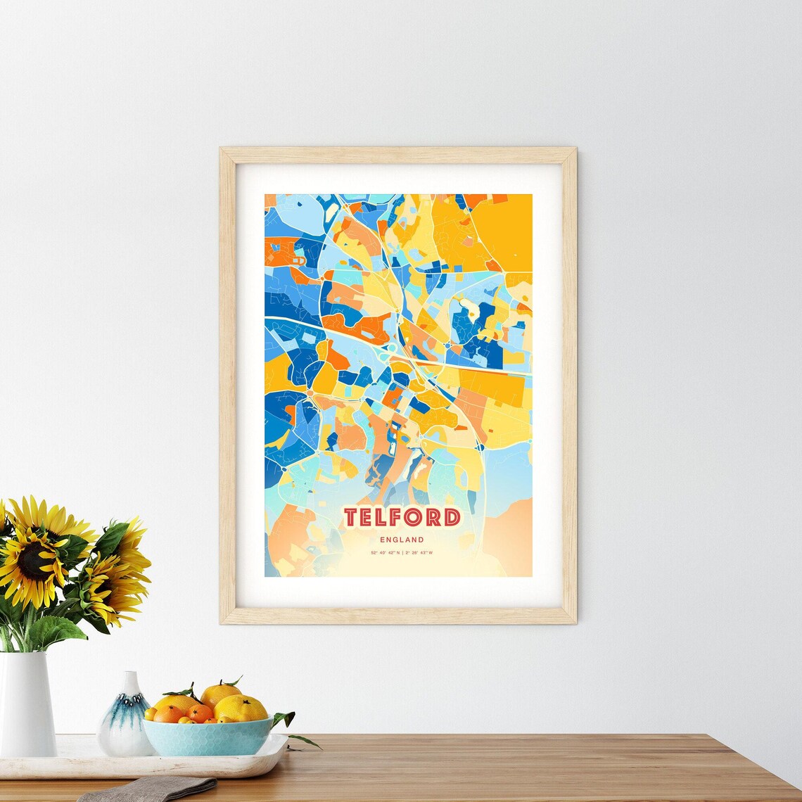 Telford England Colorful Blue Orange Modern City Street Map Poster - Image 2