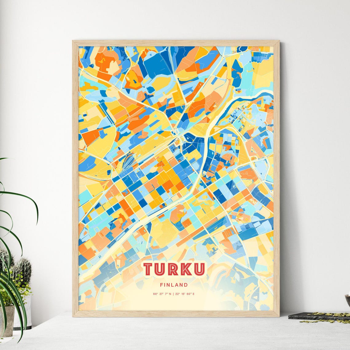 Turku Finland Modern Geometric Blue Orange City Map Art Poster