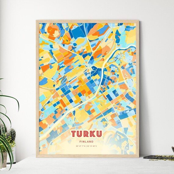 Turku Finland Modern Geometric Blue Orange City Map Art Poster