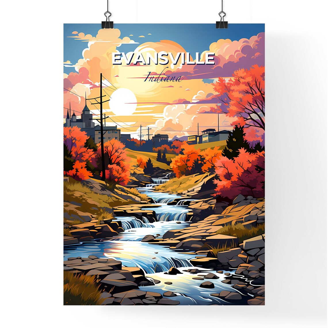 Evansville Indiana Waterfall Stream Autumn Sunset Travel Poster - Image 4