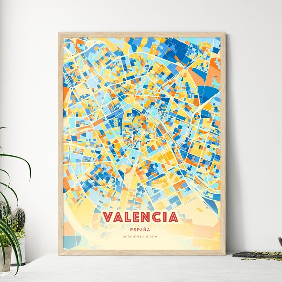Valencia Spain Modern Geometric Blue Orange City Map Art Poster