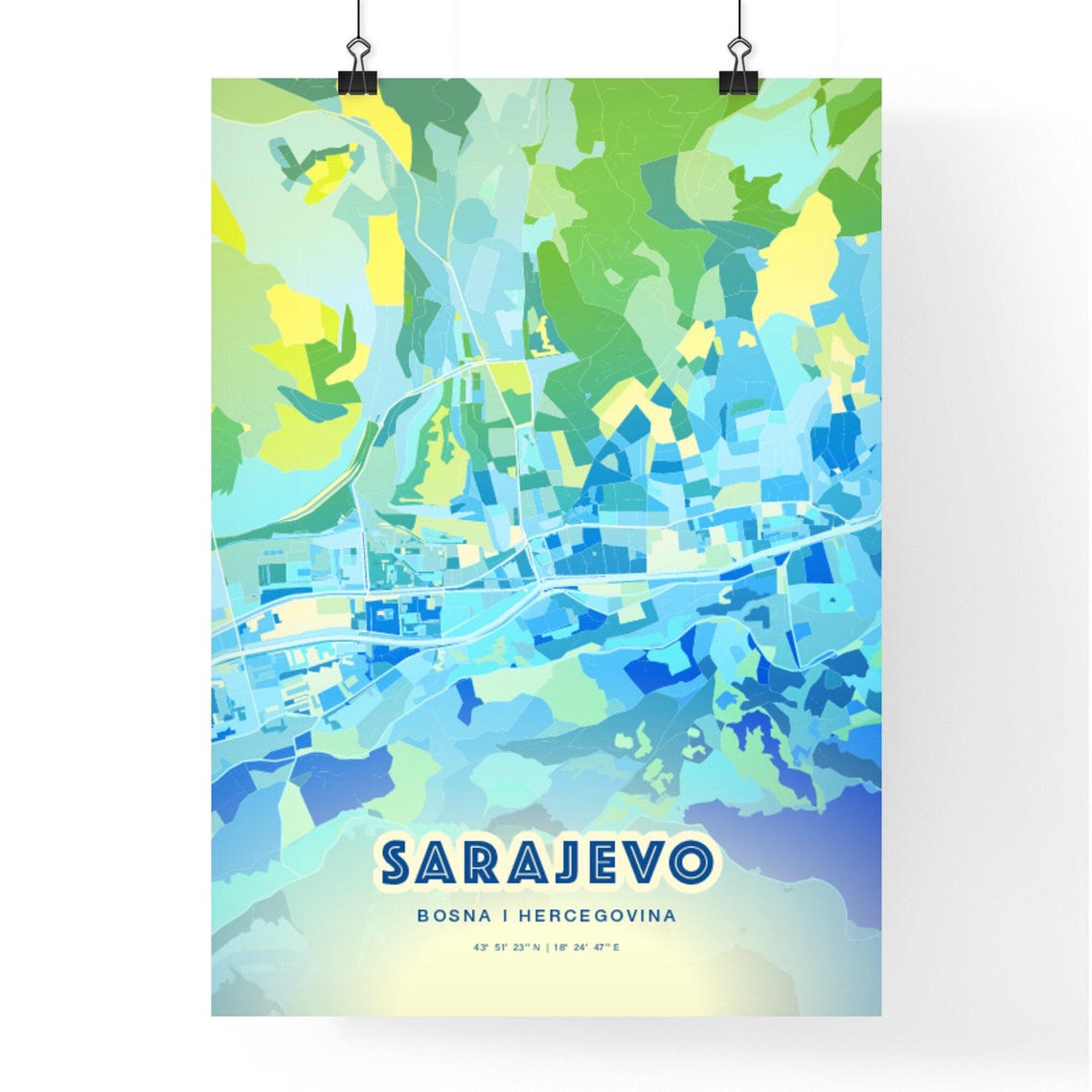 Sarajevo Bosnia Customizable Bluish Art City Map Coordinates Poster - Image 2