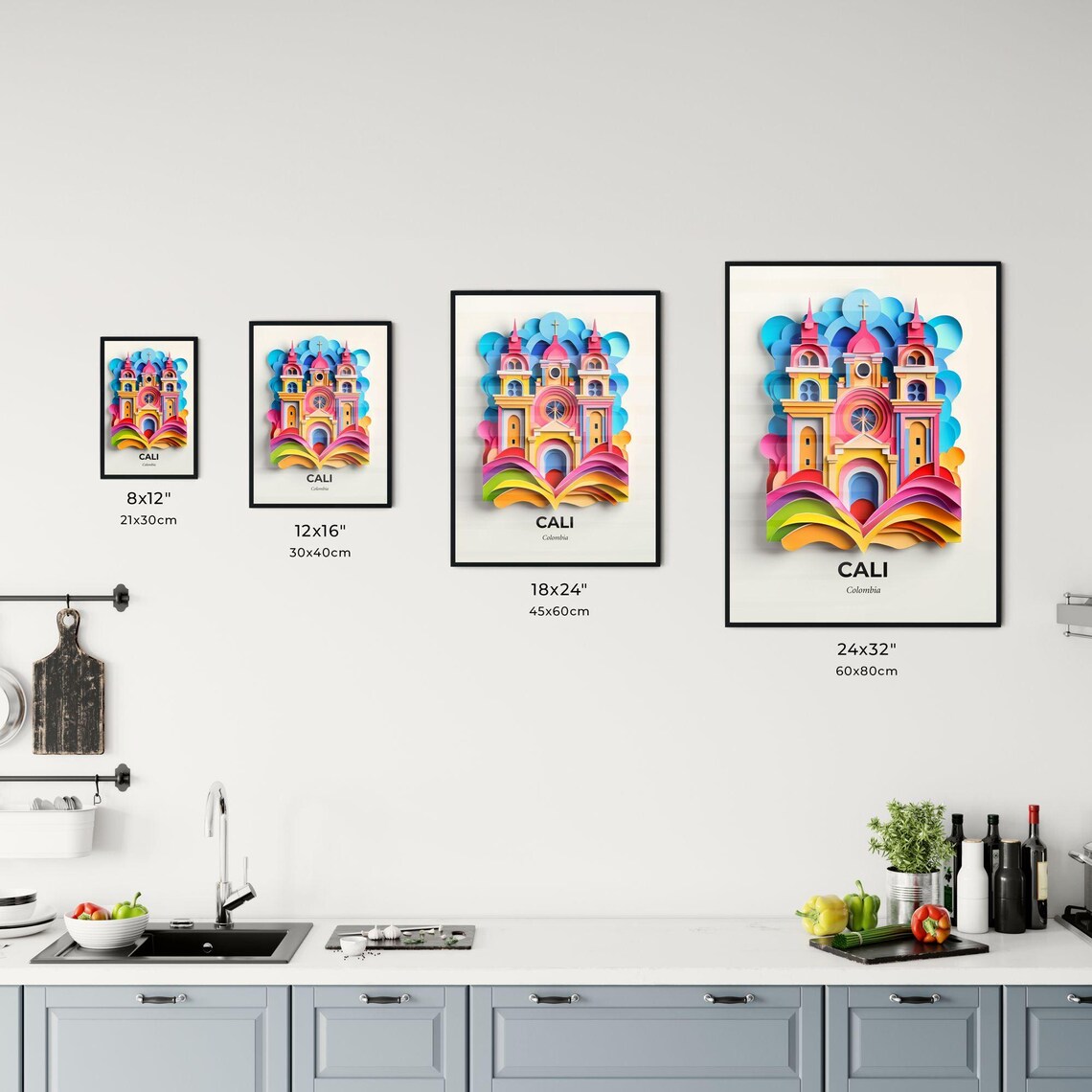 Vibrant Cali Colombia Cathedral Rainbow Papercut City Poster - Image 3